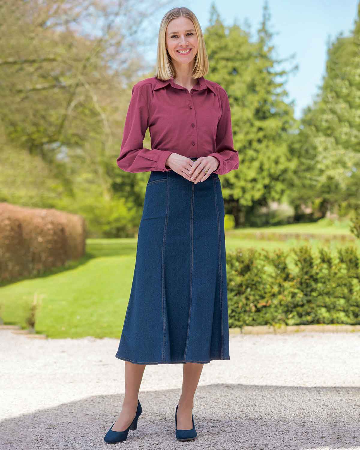 Soft Handle Blouse and Denim Skirt Outfit